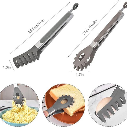 2x Spaghetti Tongs - Kitchen Tongs - Serving Tongs - BBQ Tongs - Stainless Steel and Silicone - Meat Tongs - Heat Resistant - Non-Stick - Barbecue Tongs - Spaghetti Tongs - Salad Tongs - Kitchen Utensils - Barbecue Accessory - 2 Different Shapes - Grey -.