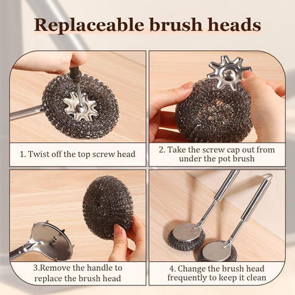 Dish Brush/ Steel Brush - Kitchen Brush - Cleaning Brush - Dishwashing Brush - Kitchen Steel Wool Pot Scrubber - For Dishes, Pots, Stoves, Sink - Detachable Brush - With 1 Replacement Head - Can Be Hung.