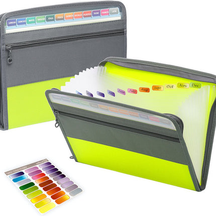 Project Folder - A4 - Foldable File Folder with Tabs - 13 Compartments - Storage Folder/Sorting Folder - Compartment Folder - Durable Plastic Document Folder - Writing Folder with Zipper - Conference Folder - Work Folder - Document Folder - Green - Portab.