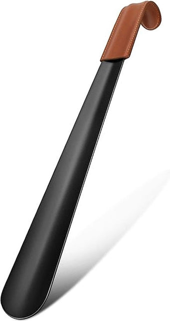 Long Shoehorn - 42cm - Stainless Steel - Shoe Puller - Shoe Horn - Leather Handle - With Leather Pouch - Durable and Extra Strong - Easy to Put On Shoes - Can Be Hung - Black.