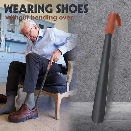 Long Shoehorn - 42cm - Stainless Steel - Shoe Puller - Shoe Horn - Leather Handle - With Leather Pouch - Durable and Extra Strong - Easy to Put On Shoes - Can Be Hung - Black.