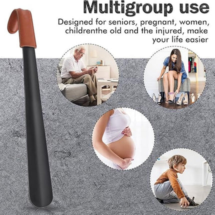 Long Shoehorn - 42cm - Stainless Steel - Shoe Puller - Shoe Horn - Leather Handle - With Leather Pouch - Durable and Extra Strong - Easy to Put On Shoes - Can Be Hung - Black.