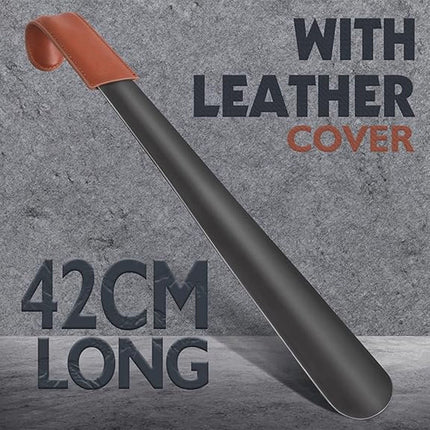 Long Shoehorn - 42cm - Stainless Steel - Shoe Puller - Shoe Horn - Leather Handle - With Leather Pouch - Durable and Extra Strong - Easy to Put On Shoes - Can Be Hung - Black.