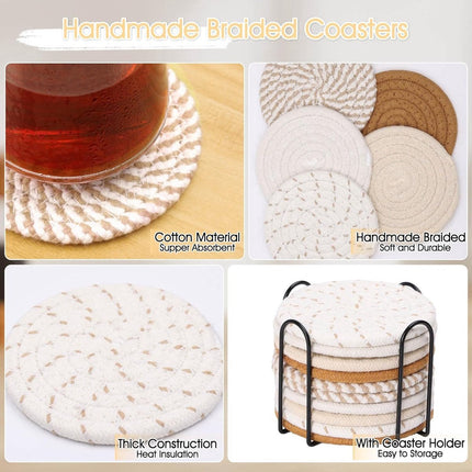 Cork Coasters - Set of 8 with Holder - Woven Coasters - Handmade - Thicker - Highly Hygroscopic - Anti-Slip - Placemats for Glasses - Coaster Set - Coasters - Round - Natural & Eco-Friendly - Minimalist Style.