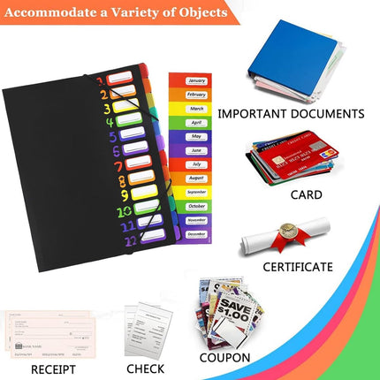 A4 Expandable Project Folder - A4 Sorting Folder - 12 Compartments - File Folder with Tabs - Compartment Folder - Desk Folder - Storage Folder - Document Folder - Work Folder - Clear Classification - Black.