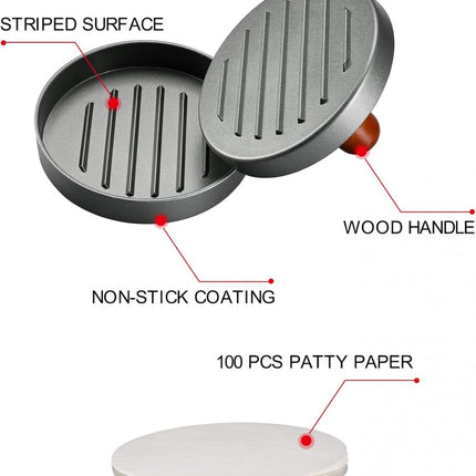 Hamburger Press - Stainless Steel - Hamburger Maker - Burger Press - Burger Press - Hamburger Presses - Hamburger Shaper - Burger Meat Press - Includes 100 Sheets of Wax Paper - Dishwasher Safe - BBQ Accessories - BBQ Tools.