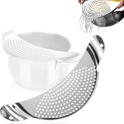 Stainless Steel Draining Aid - Draining Lid with Handles - Colander - 33.5 Cm - BPA-Free - Solid Compact Kitchen Draining Lid - Colander - Kitchen Sieve - Dishwasher Safe - Easy Draining - Storage Hook - For All Sizes of Pans.