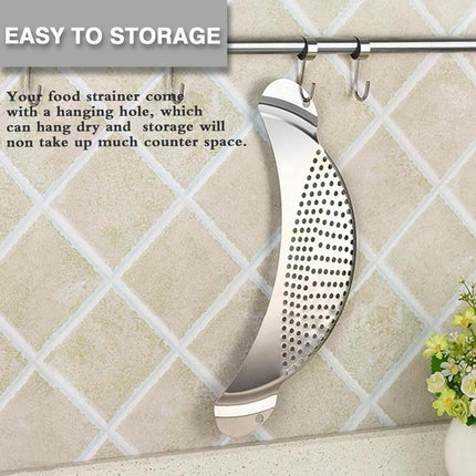 Stainless Steel Draining Aid - Draining Lid with Handles - Colander - 33.5 Cm - BPA-Free - Solid Compact Kitchen Draining Lid - Colander - Kitchen Sieve - Dishwasher Safe - Easy Draining - Storage Hook - For All Sizes of Pans.