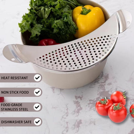 Stainless Steel Draining Aid - Draining Lid with Handles - Colander - 33.5 Cm - BPA-Free - Solid Compact Kitchen Draining Lid - Colander - Kitchen Sieve - Dishwasher Safe - Easy Draining - Storage Hook - For All Sizes of Pans.