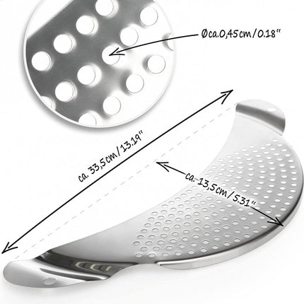 Stainless Steel Draining Aid - Draining Lid with Handles - Colander - 33.5 Cm - BPA-Free - Solid Compact Kitchen Draining Lid - Colander - Kitchen Sieve - Dishwasher Safe - Easy Draining - Storage Hook - For All Sizes of Pans.
