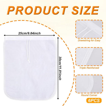 6 Pieces Nut Milk Bag for Straining 12"x10" Reusable Nylon Cheesecloth for Juice Coffee Yogurt Tea Milk Almond Soy Fine Mesh Filter Cheesecloth Bags.