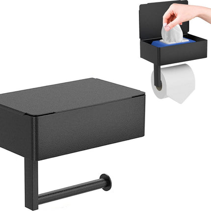 Toilet Roll Holder - Toilet Roll Holder with Shelf - Toilet Paper Holder - Small Shelf & Tray - Shelf Storage Space - Self-Adhesive or Drill-Removed - Bathroom Accessories - Water Resistant - Black.