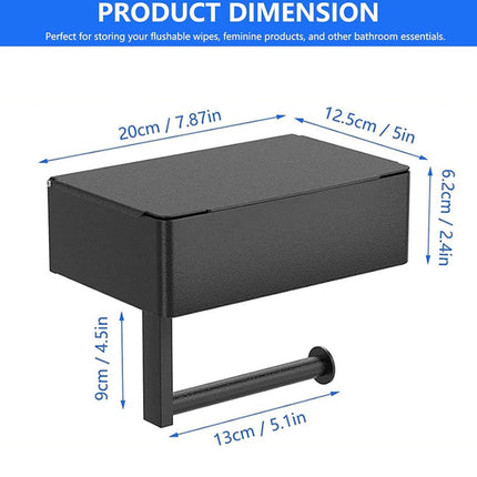 Toilet Roll Holder - Toilet Roll Holder with Shelf - Toilet Paper Holder - Small Shelf & Tray - Shelf Storage Space - Self-Adhesive or Drill-Removed - Bathroom Accessories - Water Resistant - Black.