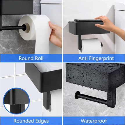 Toilet Roll Holder - Toilet Roll Holder with Shelf - Toilet Paper Holder - Small Shelf & Tray - Shelf Storage Space - Self-Adhesive or Drill-Removed - Bathroom Accessories - Water Resistant - Black.