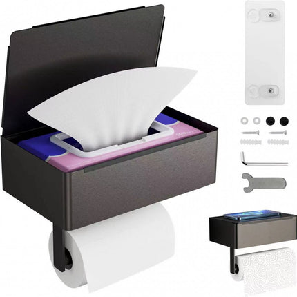 Toilet Roll Holder - Toilet Roll Holder with Shelf - Toilet Paper Holder - Small Shelf & Tray - Shelf Storage Space - Self-Adhesive or Drill-Removed - Bathroom Accessories - Water Resistant - Black.