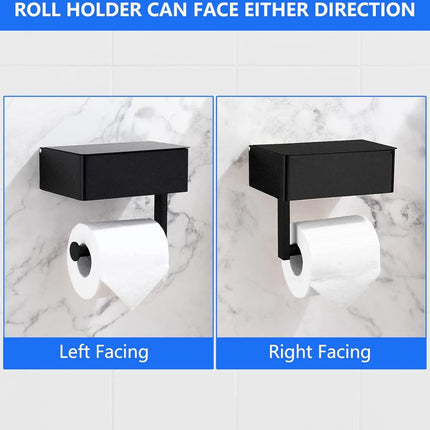 Toilet Roll Holder - Toilet Roll Holder with Shelf - Toilet Paper Holder - Small Shelf & Tray - Shelf Storage Space - Self-Adhesive or Drill-Removed - Bathroom Accessories - Water Resistant - Black.