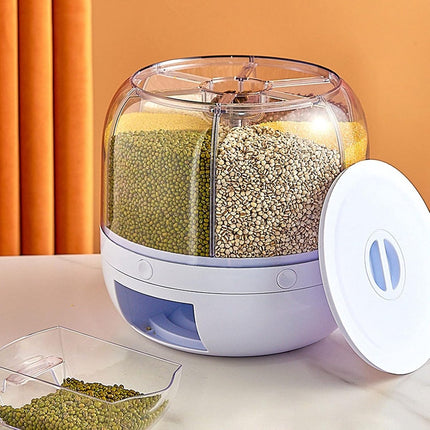 Rotating Storage Container - 5 KG - Storage Container - Food Container - Storage Jar - Food Dispenser - Cornflakes Dispenser - Cereal Dispenser - Rice Dispenser - BPA Free - For Breakfast Cereals - Rotating Food Dispenser With 6 Compartments - Kitchen Org.