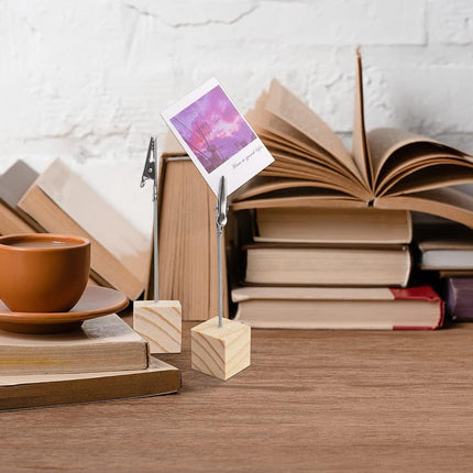 20 pieces wooden memo clip holder table numbers place card holders lightweight wooden cube base, memo photo photo paper note clip - brown.