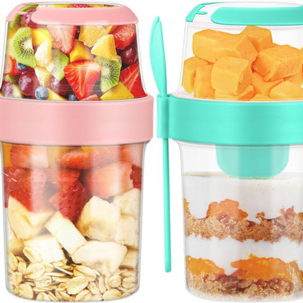 Yogurt Cup - Yogurt Cup To Go - Lunch Pot - BPA-Free - With Spoon - Muesli Cup To Go - Lunch Cup - Lunch Box - Lunch Container - Takeaway - Leakproof - Medium - 560 + 310 ml - Salad To Go - Salad Box - Pink and Green - Sustainable.