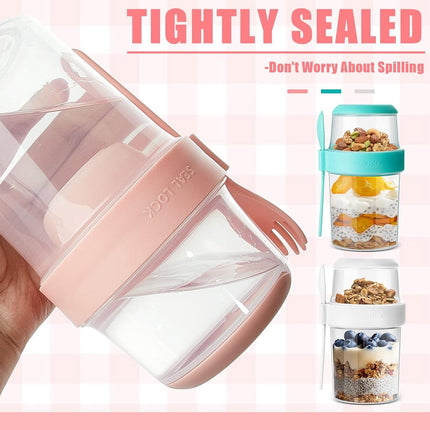 Yogurt Cup - Yogurt Cup To Go - Lunch Pot - BPA-Free - With Spoon - Muesli Cup To Go - Lunch Cup - Lunch Box - Lunch Container - Takeaway - Leakproof - Medium - 560 + 310 ml - Salad To Go - Salad Box - Pink and Green - Sustainable.