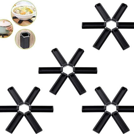 Pot Coaster - 4 Pieces - Coaster - Pot Holders - Pot Rack - Foldable - Heat Resistant - Non-Slip - Stylish Design - Practical - Foldable - Durable - Washable - For Pots, Pans, Bowls - Black.
