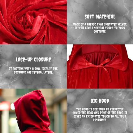 Luxury Red Hooded Coat - 170cm / XXL - Costume for Carnival Halloween - Red Velour Coat - Hat - Adults - Dress Up - Costume Cape - Gothic - Fantasy - Halloween Suit - Carnival Clothing - Women and Men.