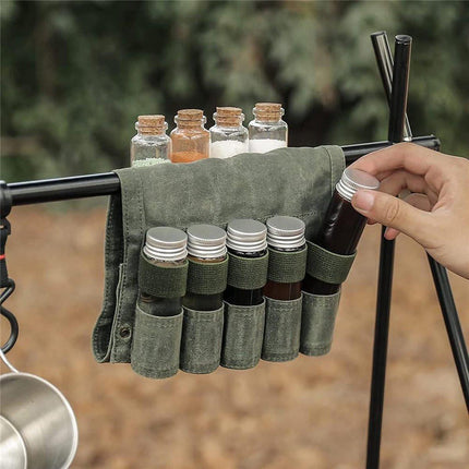 Camping Spice Kit - Portable Spice Bag with 9 Mini Spice Jars - Camping Set Travel Accessories - For Travel, Outdoors, Camping, Barbecue, Picnic - Portable Camping Spice Set.