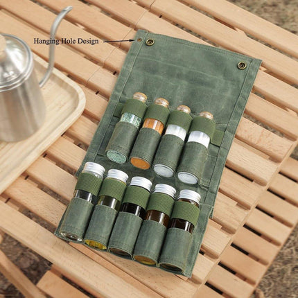 Camping Spice Kit - Portable Spice Bag with 9 Mini Spice Jars - Camping Set Travel Accessories - For Travel, Outdoors, Camping, Barbecue, Picnic - Portable Camping Spice Set.