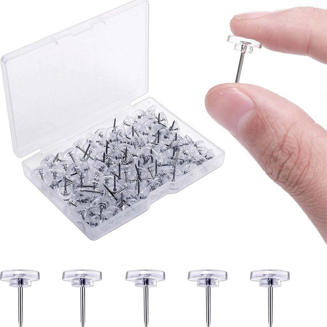 Thumbtacks - Set of 100 Pushpins - Reusable - For Bulletin Board, Memo Board, or World Map - Easy to Carry - Transparent - Everyday Life Aids.