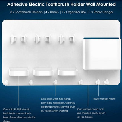 Toothbrush Holder - Electric Toothbrush Holder - High Quality - Adjustable - Wall-Mounted - Drying - Razor Holder - Bathroom Organizer - Universal - Self-Adhesive - No Drilling Required - White.