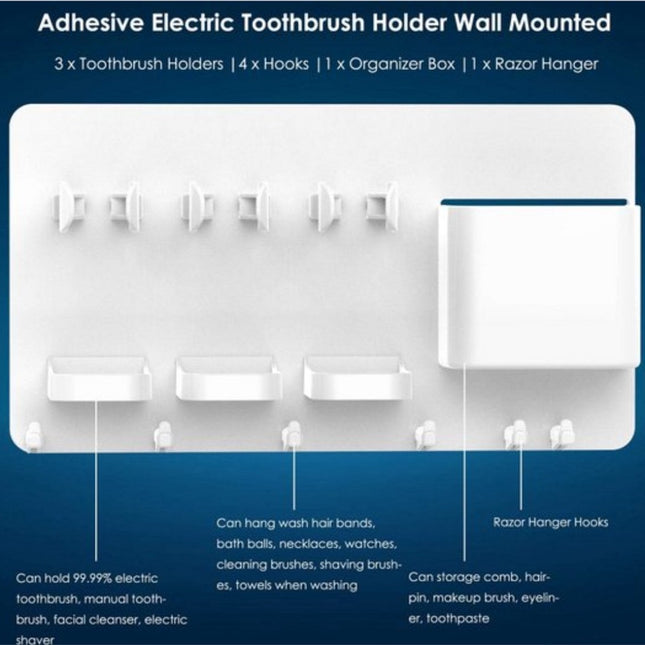 Toothbrush Holder - Electric Toothbrush Holder - High Quality - Adjustable - Wall-Mounted - Drying - Razor Holder - Bathroom Organizer - Universal - Self-Adhesive - No Drilling Required - White.