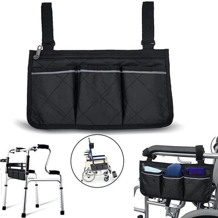 Wheelchair Armrest Storage Bag - Wheelchair Bag with 4 Storage Compartments - 32.5 x 18 cm - Waterproof Armrest Bag - with Safety Reflective Stripe - Universal Wheelchair Side Bag - Wheelchair Bag - Mobility Scooter Bag - Wheelchair Shopping Bag - Black.