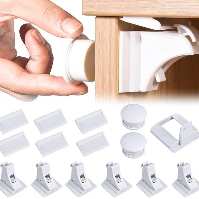 Magnetic Child Lock for Cabinets - Self-Adhesive Safety Hooks - 6 Locks and 2 Keys - Magnetic Lock - Cabinet Security for Children - Baby Toddler Magnetic Security for Cabinet, Door, and Drawer - Magnetic Closure - No Drilling or Screws - White.