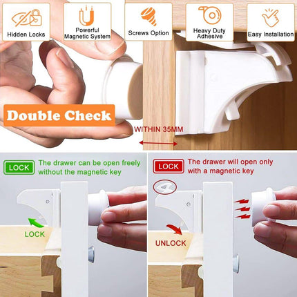Magnetic Child Lock for Cabinets - Self-Adhesive Safety Hooks - 6 Locks and 2 Keys - Magnetic Lock - Cabinet Security for Children - Baby Toddler Magnetic Security for Cabinet, Door, and Drawer - Magnetic Closure - No Drilling or Screws - White.