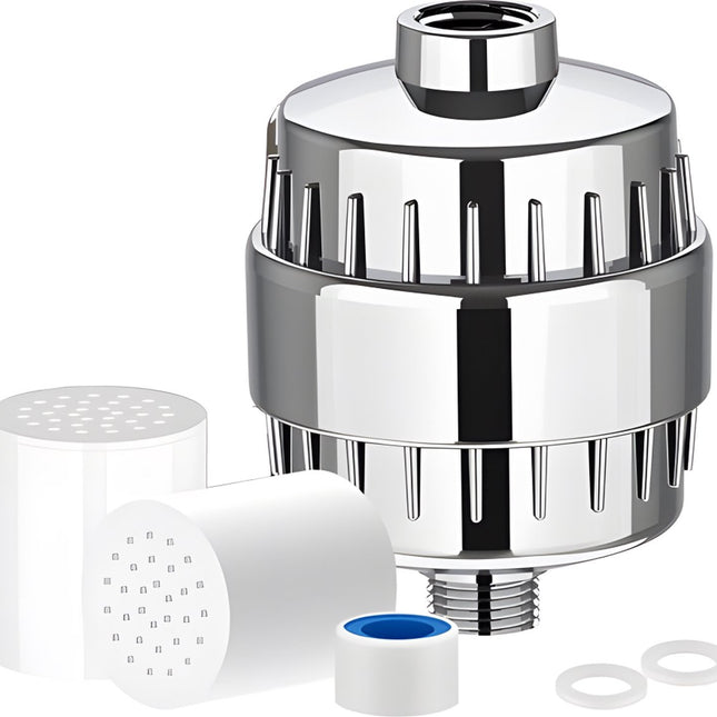 Universal Shower Filter With Extra Filter - 15 Stage Shower Filter - Anti-Limescale Water Filter - Tap Filter - Water Filter For Shower Head - Remove Impurities - For Better Skin And Hair - Silver.