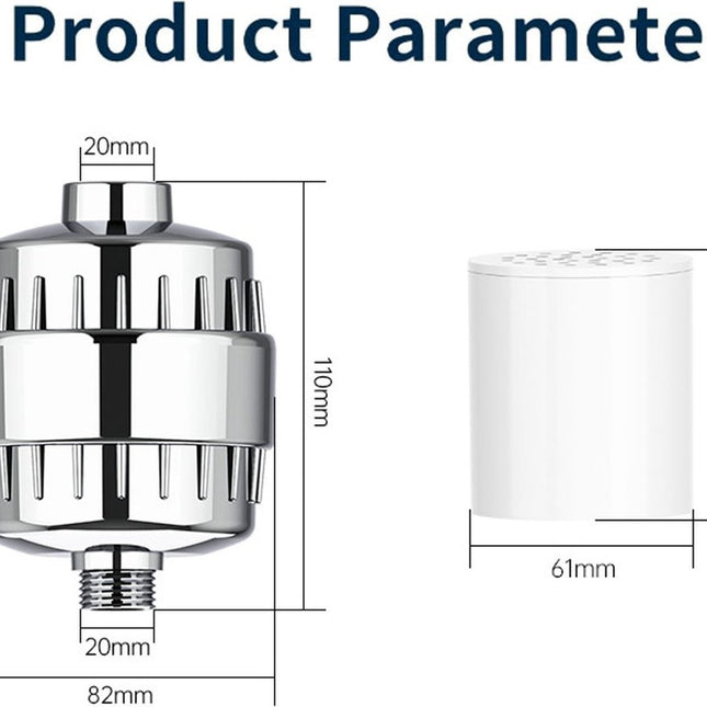Universal Shower Filter With Extra Filter - 15 Stage Shower Filter - Anti-Limescale Water Filter - Tap Filter - Water Filter For Shower Head - Remove Impurities - For Better Skin And Hair - Silver.