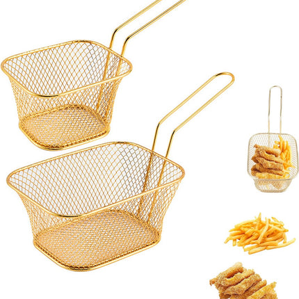 Frying Basket - 2 Pieces - Frying Colander - Frying Scoop - Vegetable Cooker - Draining Rack - Snack Serving Basket - For Fries And Snacks - Stainless Steel - With Handle - Serve Fries/Snacks In A Basket - Rectangle - Gold.