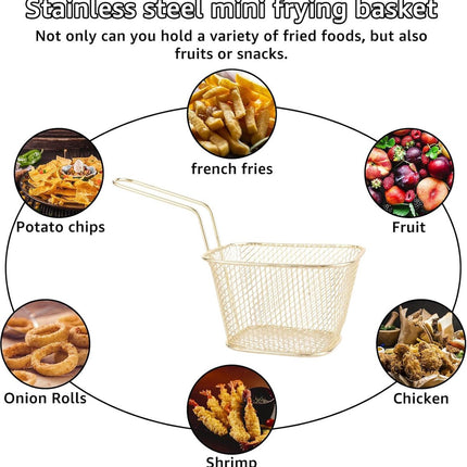 Frying Basket - 2 Pieces - Frying Colander - Frying Scoop - Vegetable Cooker - Draining Rack - Snack Serving Basket - For Fries And Snacks - Stainless Steel - With Handle - Serve Fries/Snacks In A Basket - Rectangle - Gold.