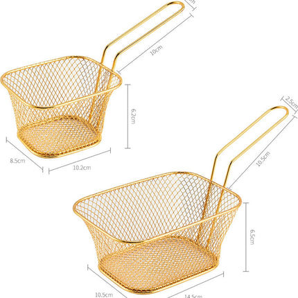 Frying Basket - 2 Pieces - Frying Colander - Frying Scoop - Vegetable Cooker - Draining Rack - Snack Serving Basket - For Fries And Snacks - Stainless Steel - With Handle - Serve Fries/Snacks In A Basket - Rectangle - Gold.