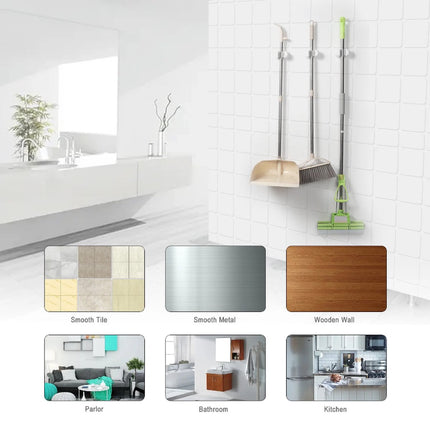 Broom Holder - 3 Pieces - Self-Adhesive - Broom Hanging System - Broom Holder - Garden Tools - Tool Holder - Wall Mount - For Office, Kitchen, Garage, Garden, Storage and Save Space - For Mop and Broom - White.