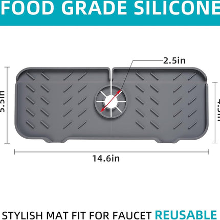Silicone Faucet Mat - 37 x 14.5 CM - Draining Mat - Silicone Mat for Kitchen Faucet - Washbasin Splash Protection - Drain Pad - Sink Mat - Countertop Accessories - Sink - Drying Mat - Kitchen - Bathroom - Grey - Non-slip.