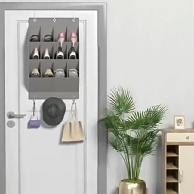 Hanging Shoe Bag - Shoe Organizer - With Hooks - Door Organizer - Above-Door Shoe Organizer - Solution for Scattered Stuff - Door Storage Bag - Hanging Organizer - Grey - Space-Saving - For Shoes/Home Accessories Etc.