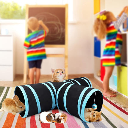 Cat Tunnel - 3 Passages - Play Tunnel for Animals - Cat Tunnel with Play Ball - Cat Tunnel - Cat House - Cat Play Tunnel - Rabbit Tunnel - Crawl Tunnel - Cat Toys - Blue.