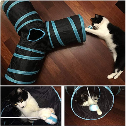 Cat Tunnel - 3 Passages - Play Tunnel for Animals - Cat Tunnel with Play Ball - Cat Tunnel - Cat House - Cat Play Tunnel - Rabbit Tunnel - Crawl Tunnel - Cat Toys - Blue.