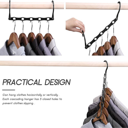 Clothes Hanger - 6 Pieces - Magic Clothes Hanger - Space-Saving Clothes Hanger - Wardrobe Hangers - 5 Slots - Multifunctional - Plastic - Wardrobe Organizer - Black - For 30 Garments - For Shirts, Trousers, Dresses, Jackets, Etc.