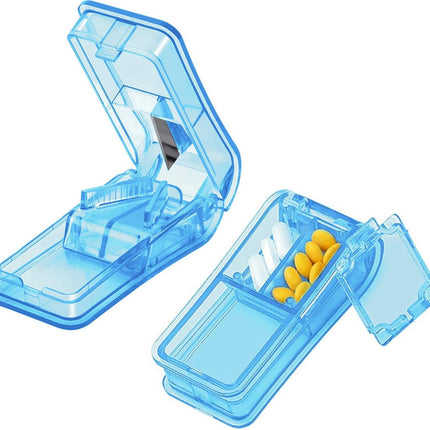 Pill Cutter - 2-Piece Pill Splitter - Tablet Splitter - Medicine Cutter - Pill Cutter - BPA-Free - Pill Storage Box - Pill Box with Sharp Blade - Suitable for Hard Pills - Small and Large Pills - Portable Cutting Mechanism - Blue.