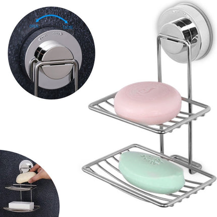 Soap Holder - Double-Layer Soap Rack - Stainless Steel - High Load Capacity - Powerful Suction Cup - Soap Dish - Hanging Soap Rack - Shower / Bathroom Rack - No Drilling Required - Handy & Practical - Silver - Easy to Install.
