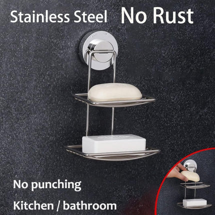 Soap Holder - Double-Layer Soap Rack - Stainless Steel - High Load Capacity - Powerful Suction Cup - Soap Dish - Hanging Soap Rack - Shower / Bathroom Rack - No Drilling Required - Handy & Practical - Silver - Easy to Install.