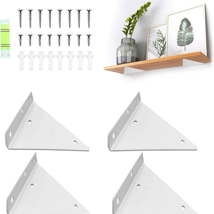 Shelf Brackets - 4 Pieces - Triangular Shelf Bracket - Wall Bracket - Wall Brackets - 80*100mm - Steel - Invisible - Triangular - Incl. Mounting Material - Floating Shelf Holder Wall Bracket - Metal Shelf Brackets - White - For Living Room, Bedroom, Garag.