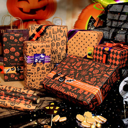 Wrapping Paper 6 Rolls - Gift Paper - Sustainable - Eco-friendly & Plastic-free - Tear-resistant - 50x70cm - Birthday - Decorations - Gift Paper - Party Assortment - Various Designs - Halloween - Pumpkin/ Bat/ Witch's Hat/ Star.